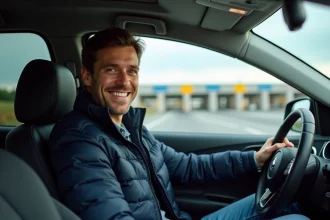 Homme souriant dans sa voiture près du terminal Eurotunnel