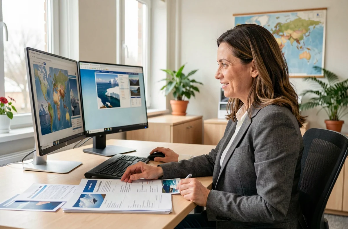 Conseillère en voyage consultant des brochures et tarifs de croisière en Antarctique dans une agence moderne