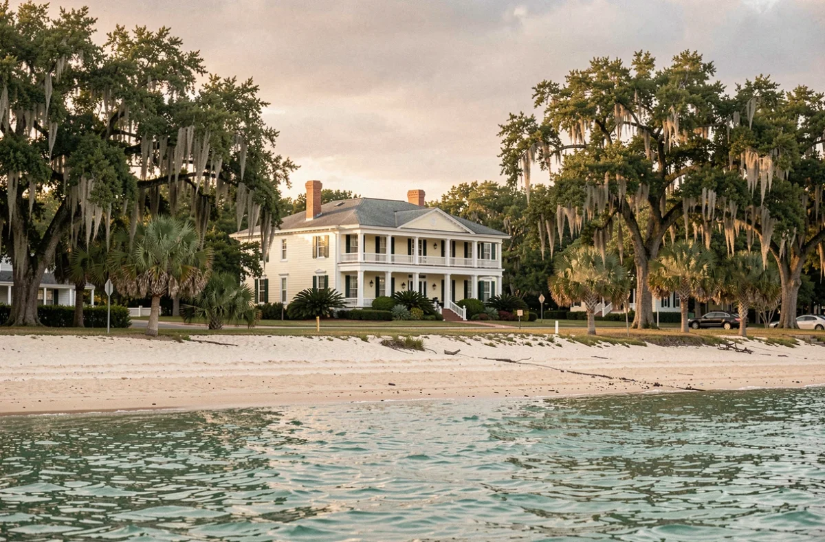 Bord de mer du golfe du Mexique en Louisiane avec une plantation historique à colonnades encadrée de chênes couverts de mousse espagnole