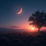 Paysage rural au crépuscule avec étoile brillante dans le ciel