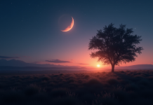 Paysage rural au crépuscule avec étoile brillante dans le ciel