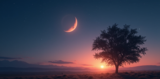 Paysage rural au crépuscule avec étoile brillante dans le ciel