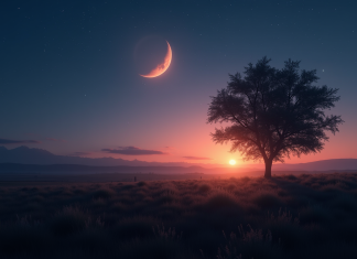 Paysage rural au crépuscule avec étoile brillante dans le ciel
