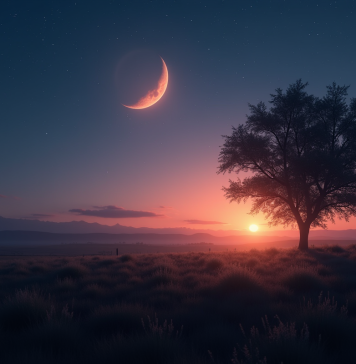Paysage rural au crépuscule avec étoile brillante dans le ciel