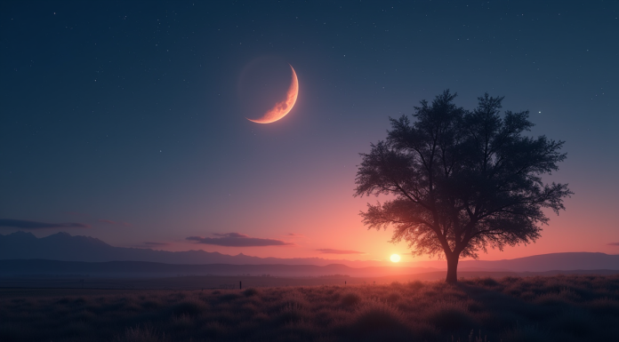 Paysage rural au crépuscule avec étoile brillante dans le ciel