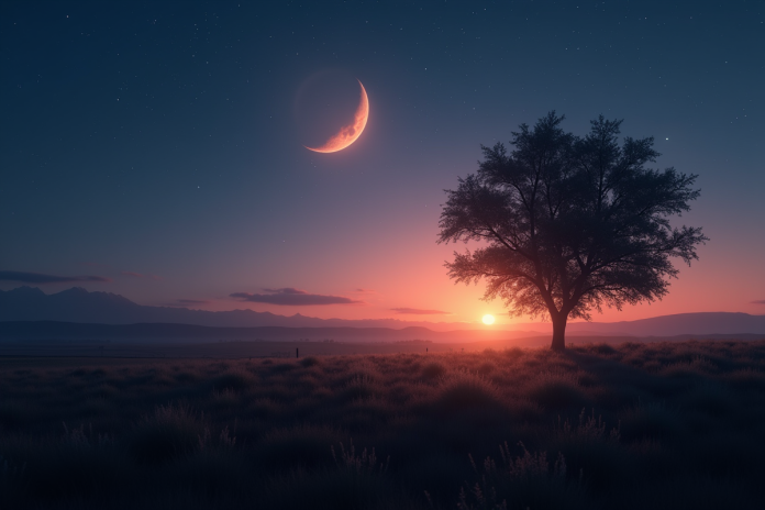 Paysage rural au crépuscule avec étoile brillante dans le ciel