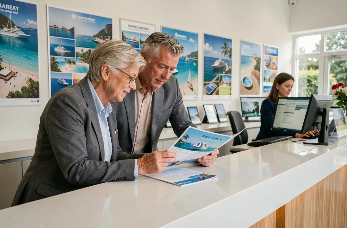 Couple en agence de voyage consultant une brochure de croisière pour trouver un séjour abordable