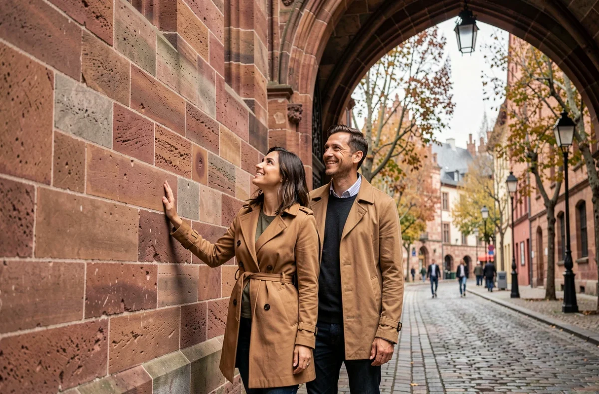 Couple découvrant la porte historique Altpörtel de Speyer dans les ruelles pavées médiévales en automne