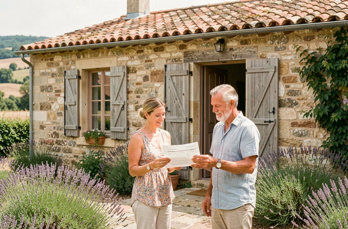 Couple arrivant dans un gîte de vacances en pierre en France, alternative fiable aux plateformes comme Locasun