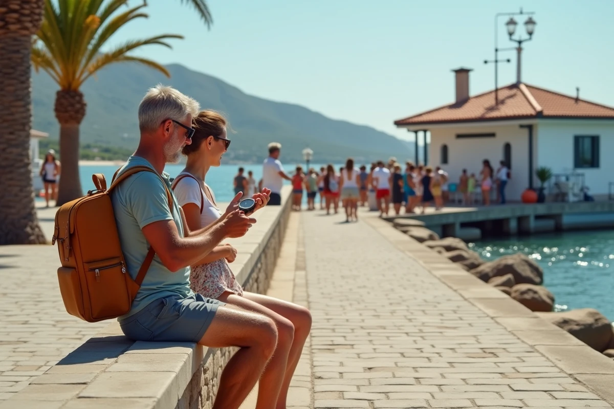 Couple attendant le bateau pour Porquerolles à l'embarcadère de la Tour Fondue avec des sacs à dos