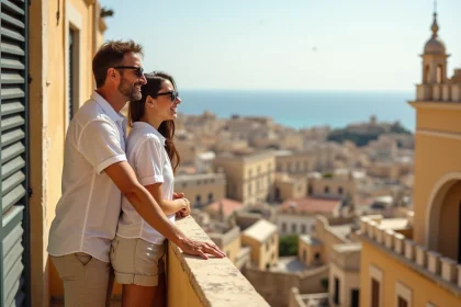 Couple détendu sur le balcon d'une maison maltaise avec vue sur Valletta