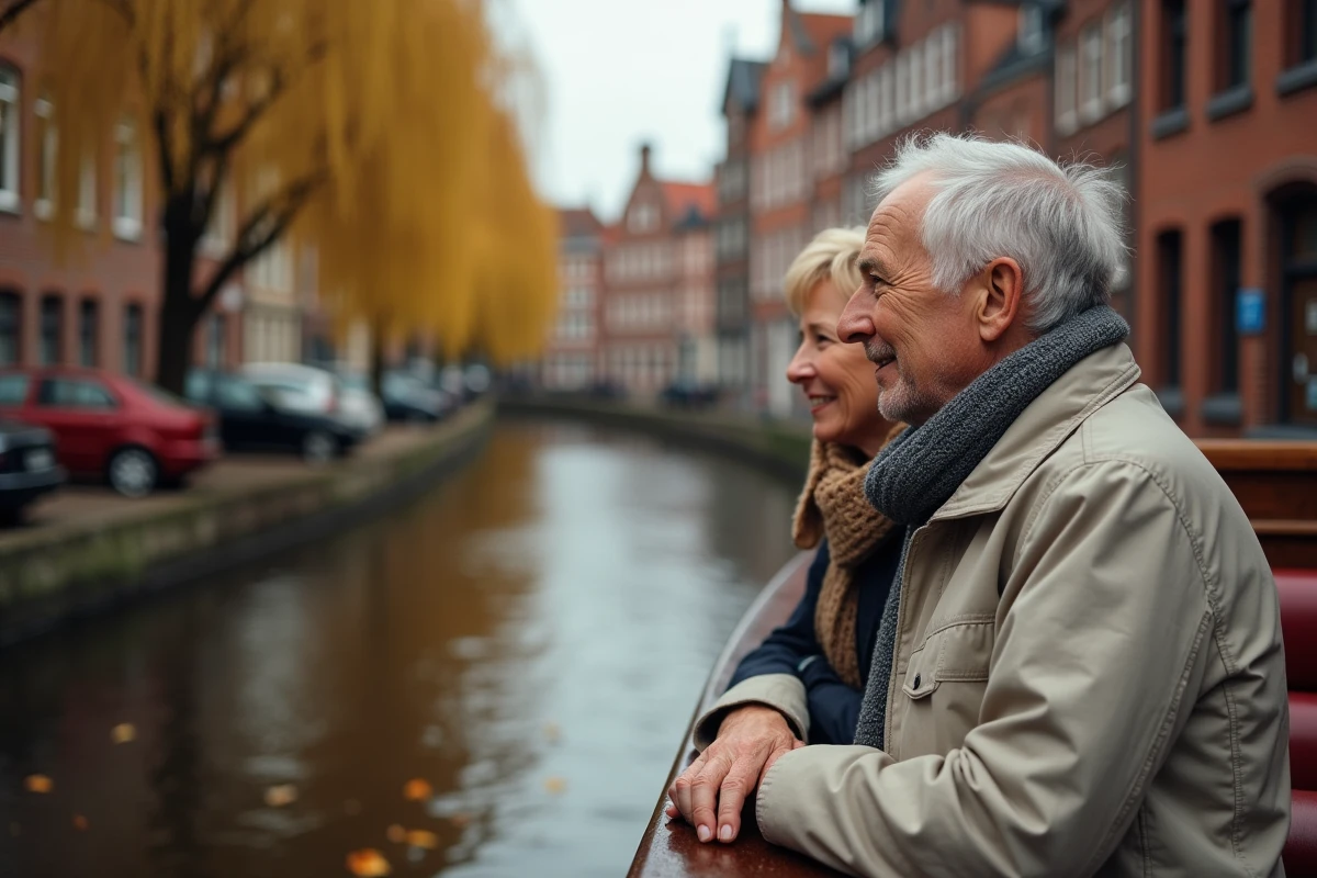 Couple à bord d'un bateau fluvial découvrant les canaux historiques de Lübeck en automne