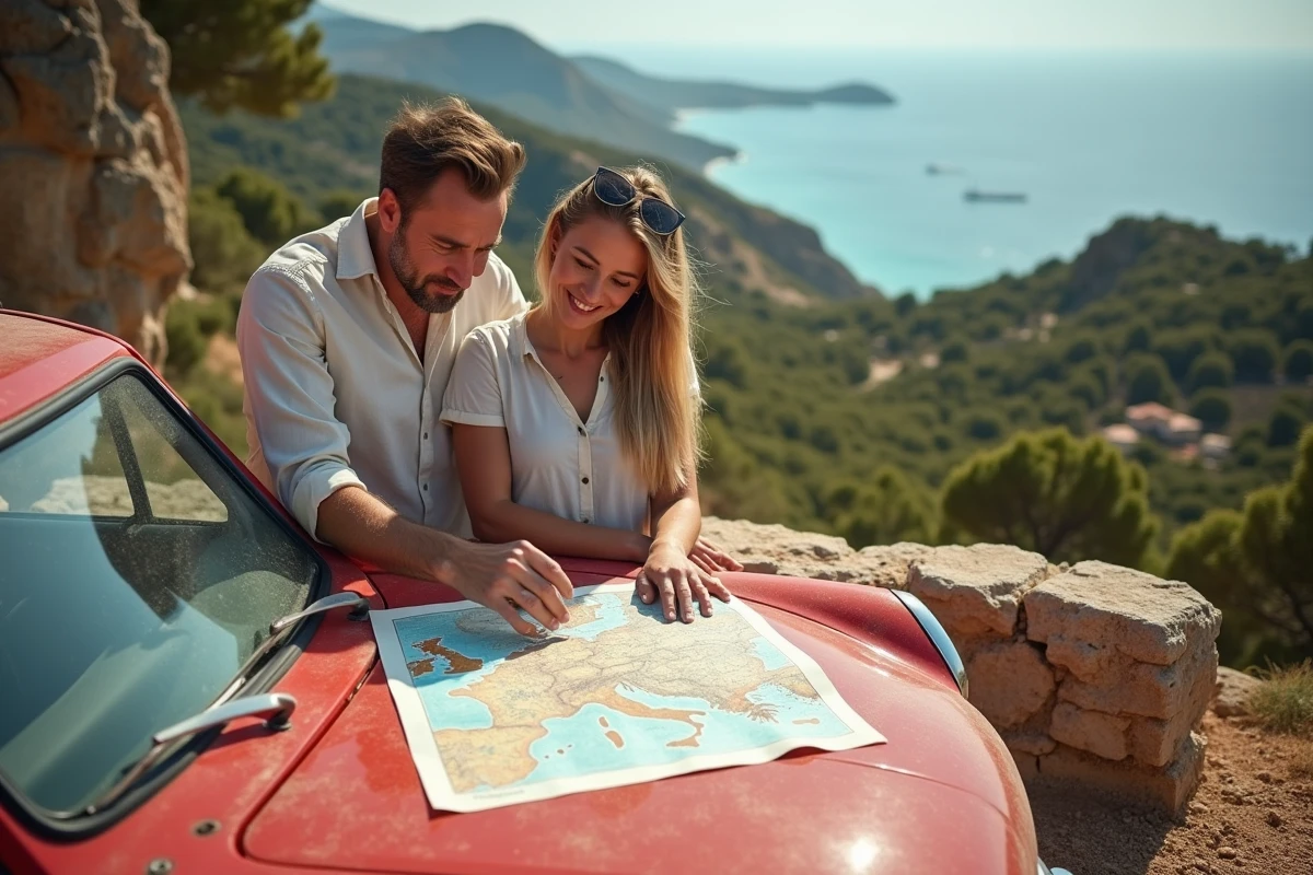 Couple consultant une carte routière sur une route nationale espagnole avec vue sur la Méditerranée en arrière-plan