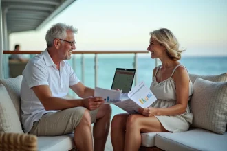 Couple souriant sur le balcon d’un navire avec brochures et ordinateur