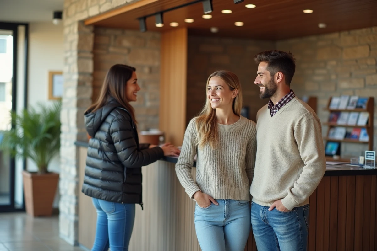Jeune couple souriant à la réception d'un hôtel à Libourne