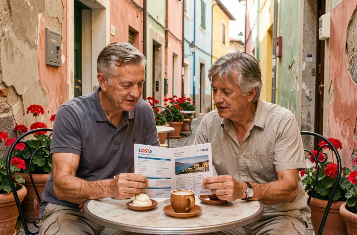 Couple de croisièristes Costa faisant une pause café dans un village côtier italien pendant une excursion