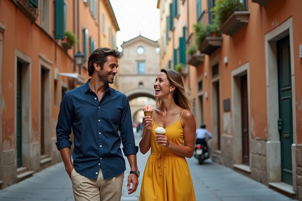 Couple dégustant des gelatos dans une ruelle historique de Pise lors d'une journée touristique