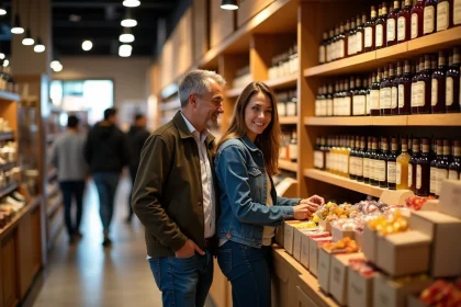 Couple souriant découvrant produits gourmets espagnols en magasin