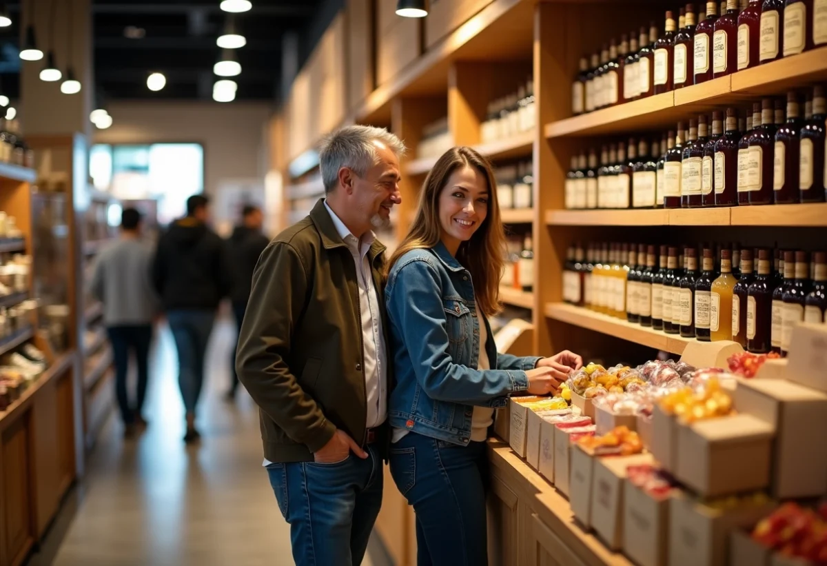 Couple souriant découvrant produits gourmets espagnols en magasin