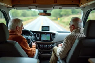 Couple senior dans le cockpit d'un camping-car moderne