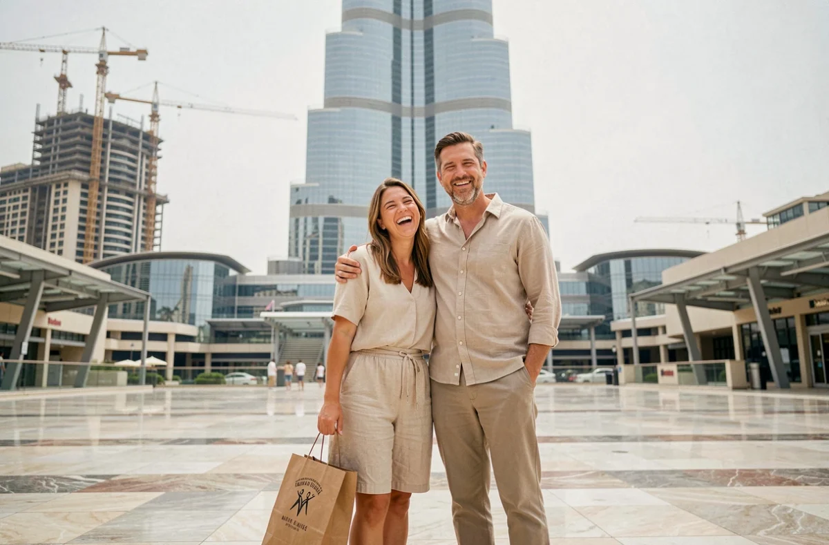 Couple en photo devant le Burj Khalifa depuis la terrasse du Dubai Mall