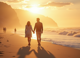 Couple main dans la main sur la plage en France