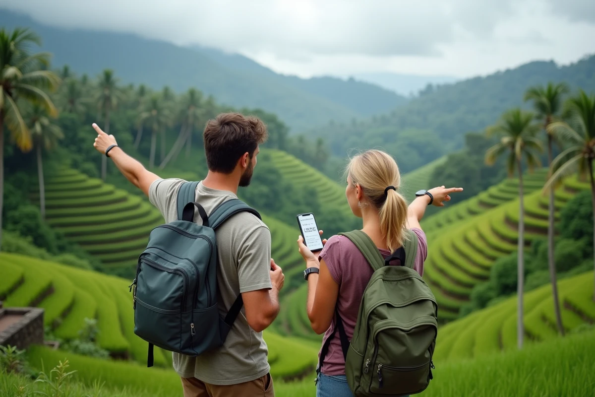 Couple consultant un itinéraire numérique devant les rizières en terrasses d'Ubud à Bali