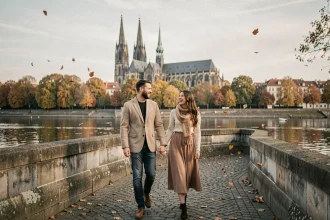 Couple se promenant main dans la main au bord du Rhin à Speyer avec la cathédrale en arrière-plan en automne