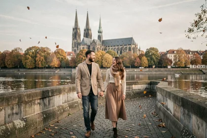 Couple se promenant main dans la main au bord du Rhin à Speyer avec la cathédrale en arrière-plan en automne