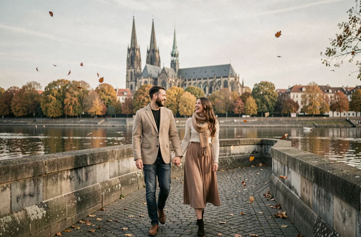 Couple se promenant main dans la main au bord du Rhin à Speyer avec la cathédrale en arrière-plan en automne