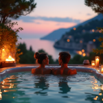 Couple romantique dans un bain extérieur au coucher du soleil