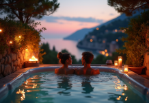 Couple romantique dans un bain extérieur au coucher du soleil