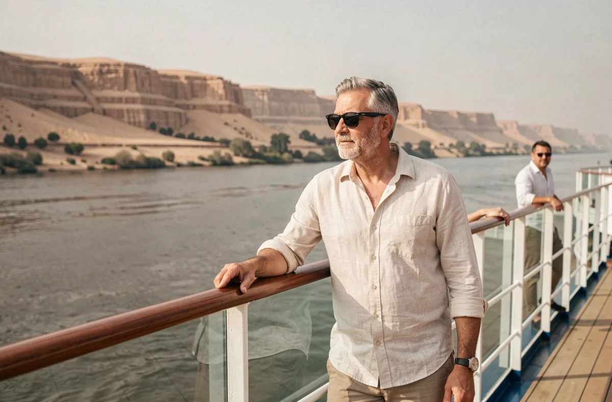 Couple de touristes profitant d'une croisière sur le Nil depuis le pont d'un bateau de croisière en Égypte