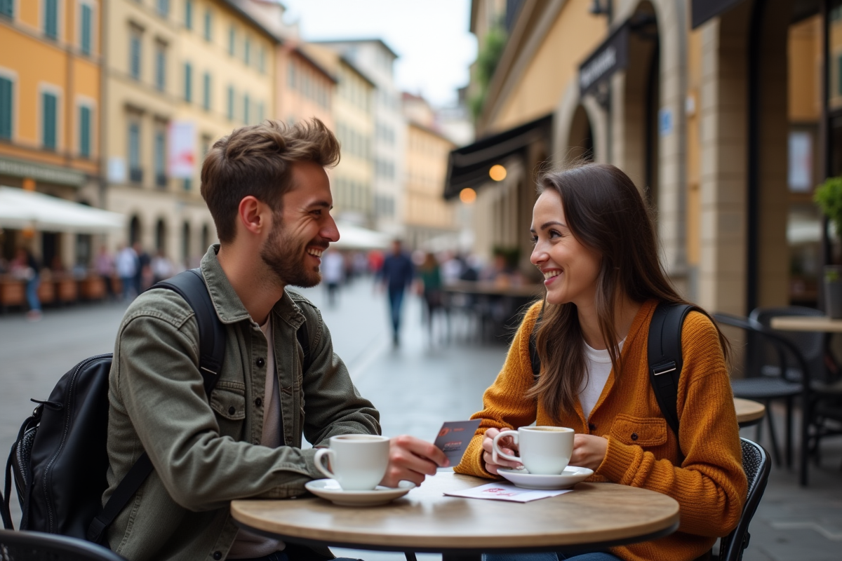 Jeune couple en voyage dans un café en ville