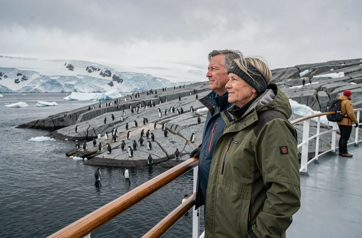 Couple de voyageurs en équipement polaire observant des manchots depuis le pont d'un navire en Antarctique