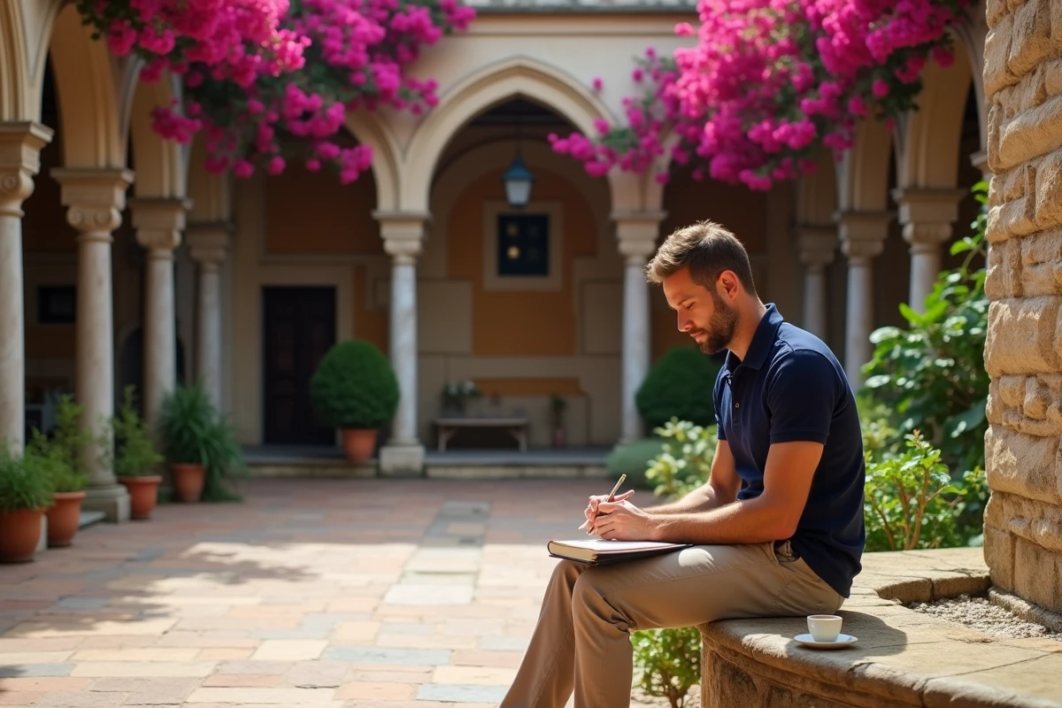 Cour intérieure du Palais des Normands à Palerme avec arcades en pierre et bougainvilliers en fleurs
