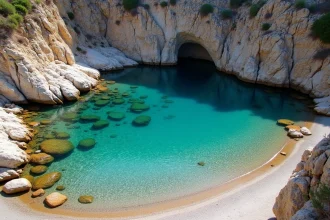 Crique cachée à Limeni avec eau turquoise transparente et rochers calcaires gris, végétation méditerranéenne en arrière-plan