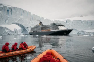 Bateau de croisière expédition en Antarctique avec zodiacs et passagers en anorak rouge près d'un glacier
