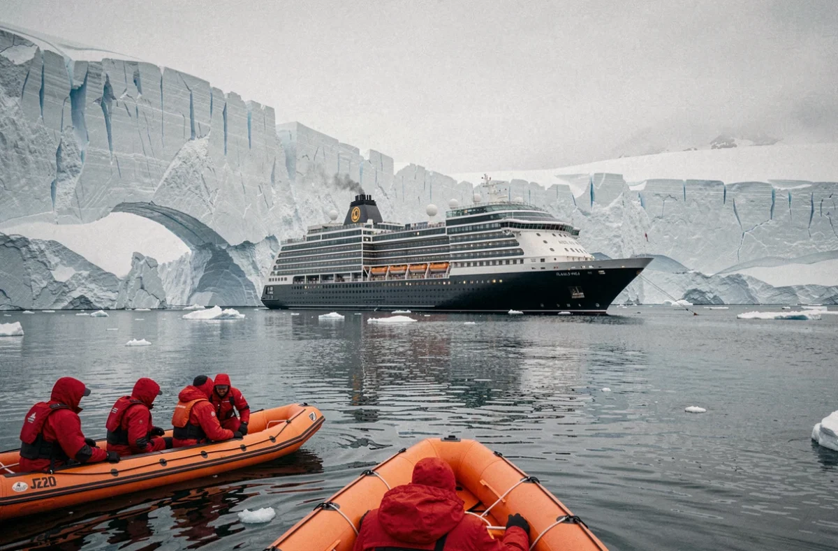 Bateau de croisière expédition en Antarctique avec zodiacs et passagers en anorak rouge près d'un glacier