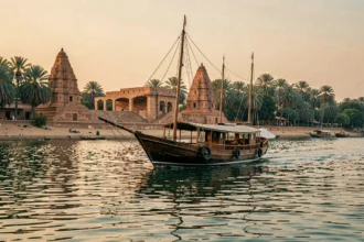 Felouque en bois naviguant sur le Nil en Égypte avec des temples anciens en arrière-plan au coucher du soleil