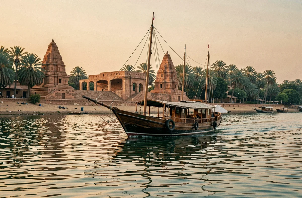 Felouque en bois naviguant sur le Nil en Égypte avec des temples anciens en arrière-plan au coucher du soleil