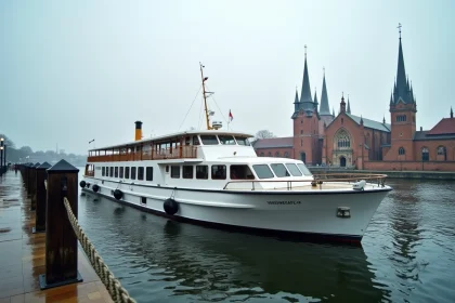 Bateau de croisière amarré sur la Trave avec la skyline médiévale de Lübeck en arrière-plan