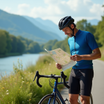 Longueur de la ViaRhôna : itinéraire, parcours et infos pour cyclistes Cycliste homme en bleu étudie une carte près de la Rhône