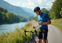 Cycliste homme en bleu étudie une carte près de la Rhône