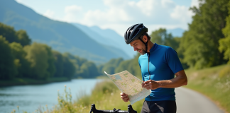Longueur de la ViaRhôna : itinéraire, parcours et infos pour cyclistes Cycliste homme en bleu étudie une carte près de la Rhône