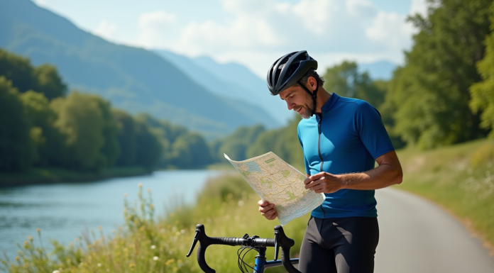 Longueur de la ViaRhôna : itinéraire, parcours et infos pour cyclistes Cycliste homme en bleu étudie une carte près de la Rhône