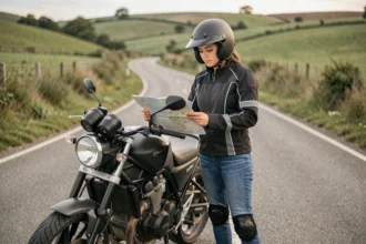 Jeune femme débutante en moto consultant une carte sur une route de campagne lors d'un premier road trip à moto