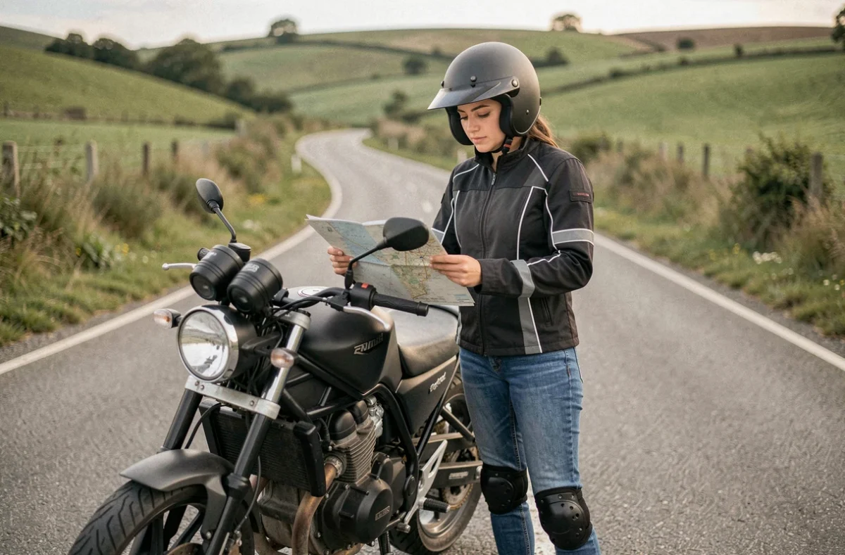 Jeune femme débutante en moto consultant une carte sur une route de campagne lors d'un premier road trip à moto