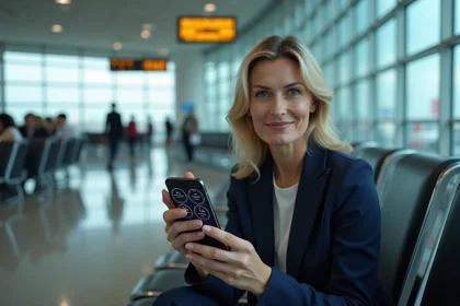Femme d'affaires à l'aéroport consultant l'heure de Paris et Dubaï sur son smartphone avant un vol