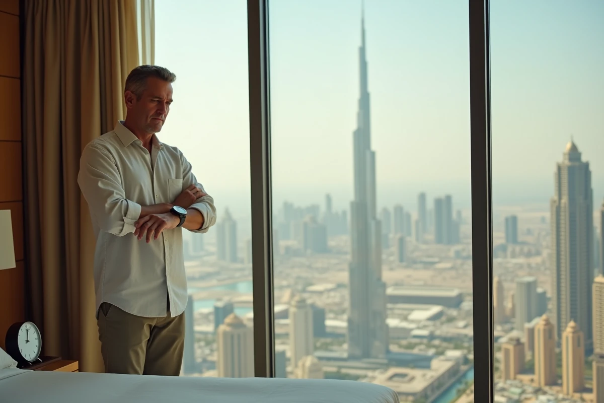 Homme en voyage d'affaires observant l'heure locale depuis sa chambre d'h&ocirc;tel avec vue sur Duba&iuml;